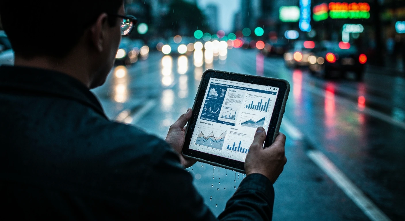 A person viewing a news infographic on a tablet on a wet street in São Paulo at dusk, demonstrating critical news analysis amidst urban chaos.