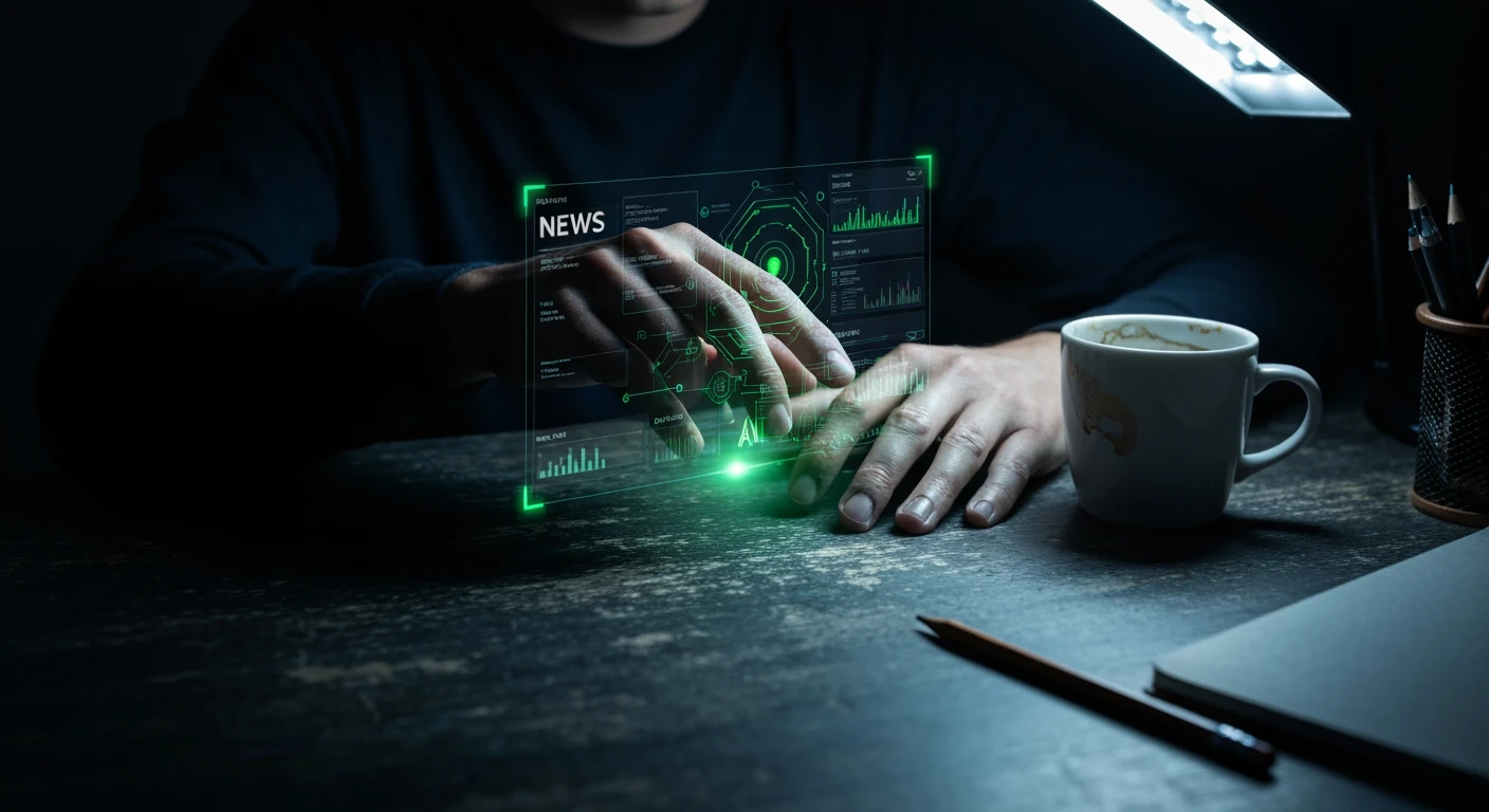 Journalist's hands interacting with a holographic interface showing AI news algorithms, on a dark oak desk with a coffee mug, high-contrast lighting.