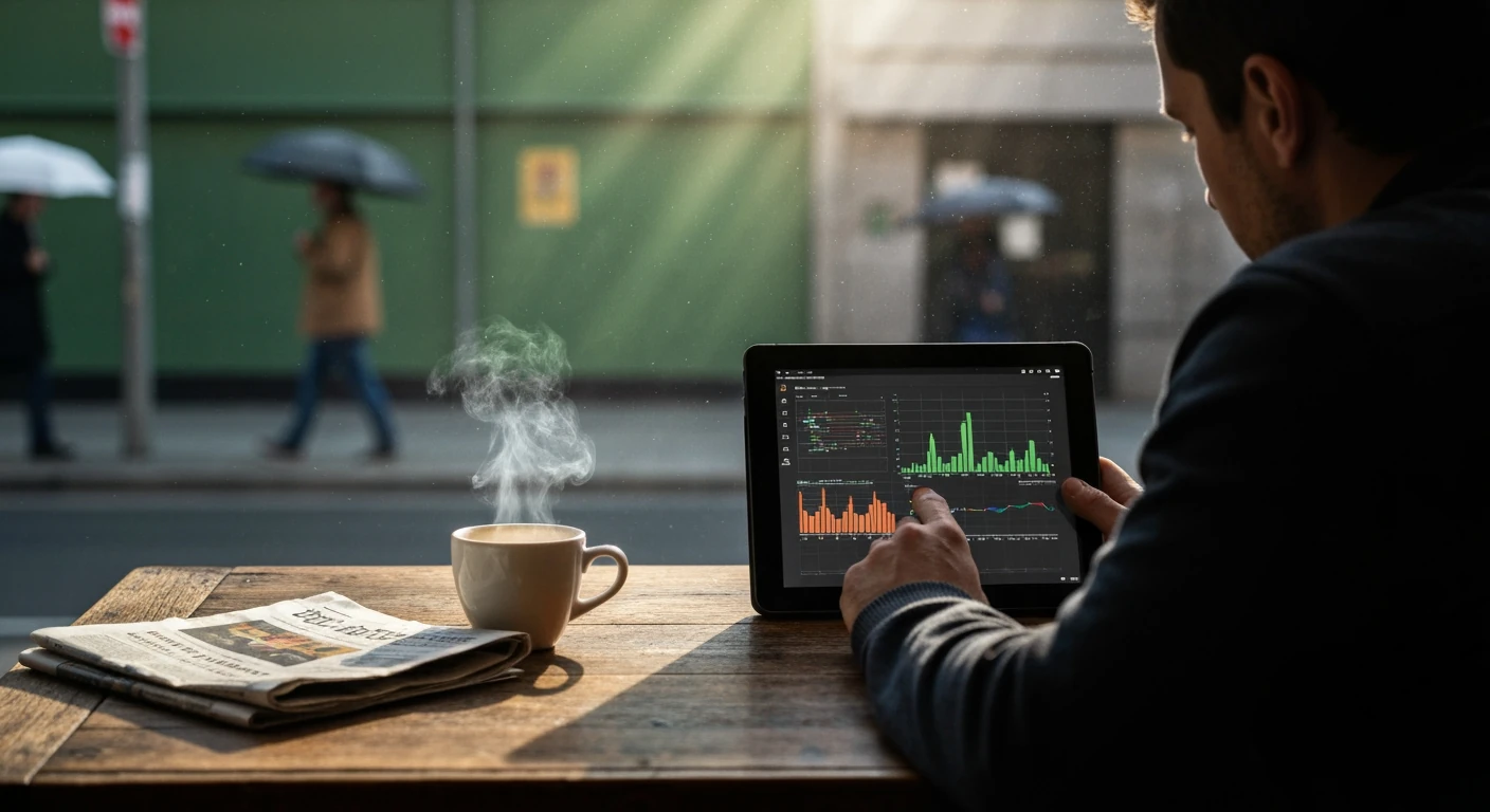 An individual sits at a wooden table in a cafe, looking at a tablet displaying complex news data, with a crumpled newspaper and coffee mug nearby. Soft morning light streams through a window, revealing blurred pedestrians outside, capturing the challenge of navigating the news cycle.