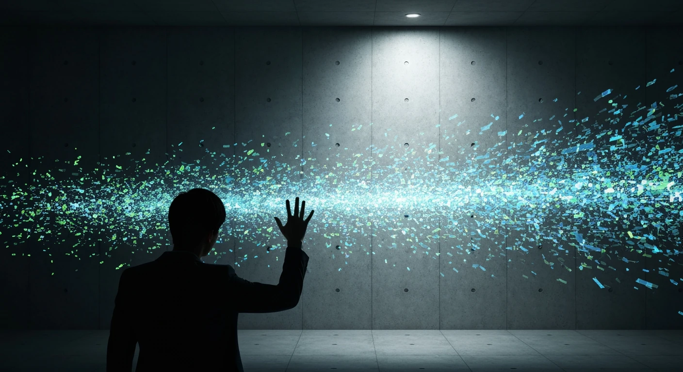 A person viewed from behind, silhouetted against a chaotic cascade of abstract blue and green digital information, symbolizing the challenge of critical news reading and information overload.