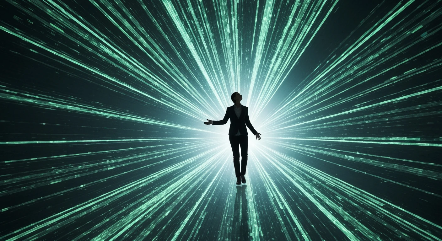 A person navigates a digital landscape of geometric data streams, symbolizing the challenge of sifting through information to avoid misinformation.