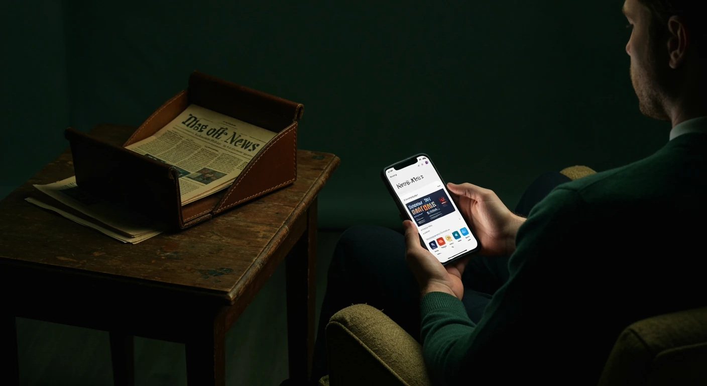 A person holding a smartphone displaying a news app, with an old newspaper visible on a table, symbolizing the shift from traditional to digital news consumption.