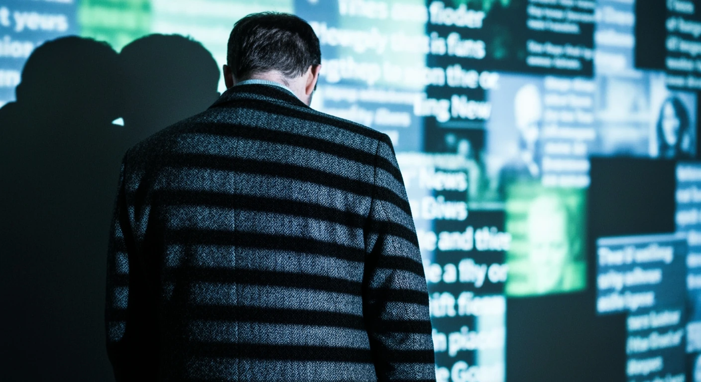 A person viewed from behind, shoulders hunched, facing a wall overwhelmed by chaotic, fragmented news headlines projected in cool blue and green light, evoking information fatigue and anxiety.