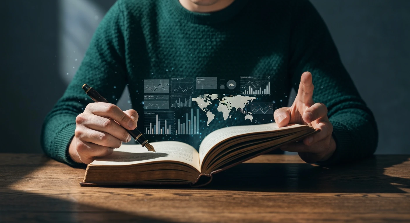 A person in a dark green sweater intently reading global news headlines projected holographically above a leather journal on an oak table, dramatically lit by a single beam of light.