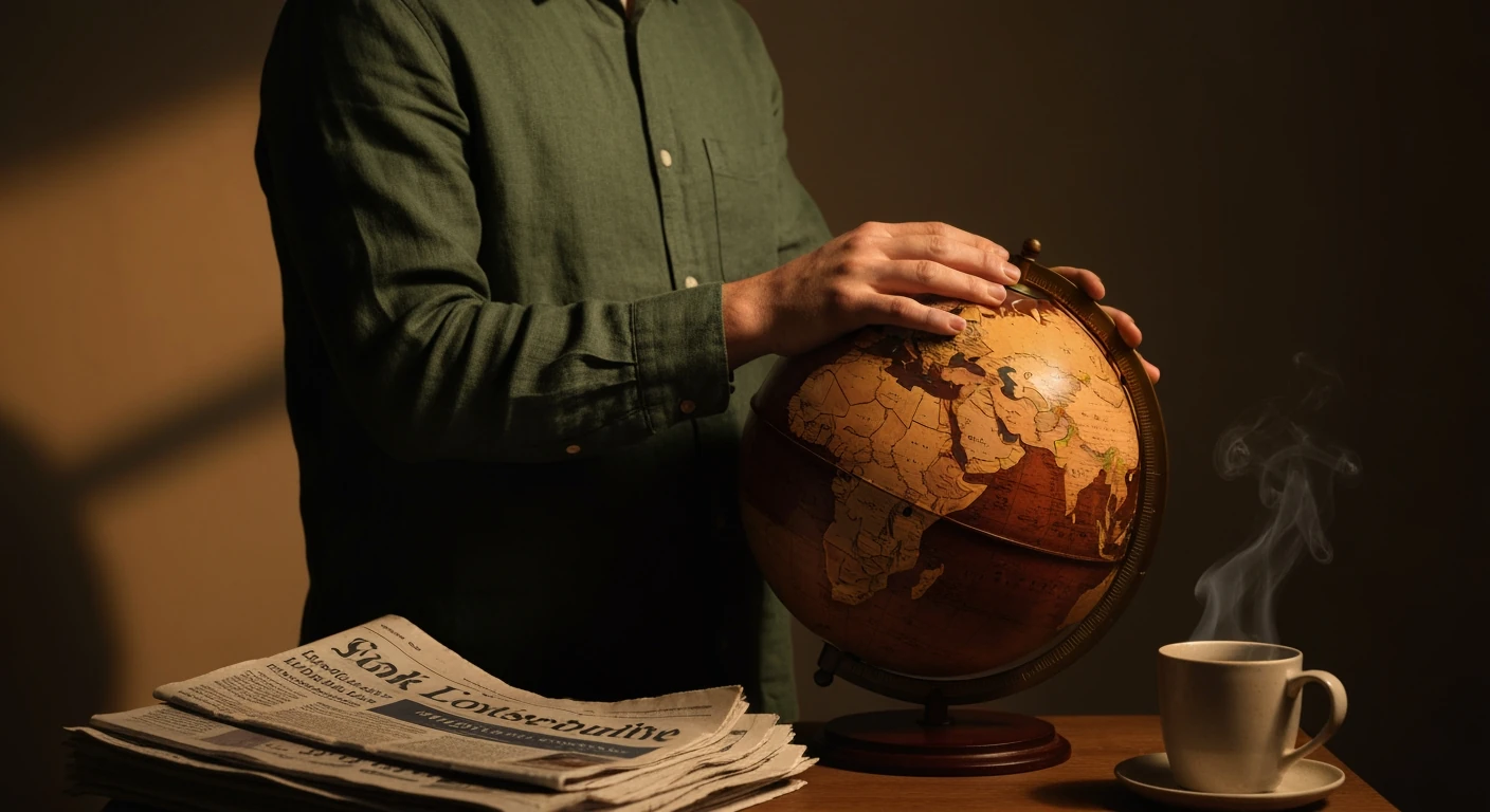 A person in a green shirt touching an antique world globe, surrounded by local newspapers, illustrating the connection between global and domestic news.