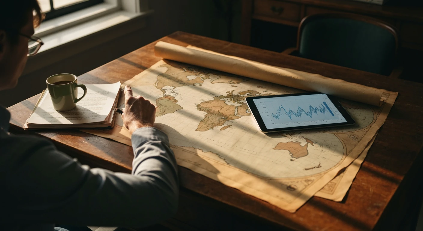 A person analyzing a vintage world map focused on the Pacific Rim, next to a tablet displaying climate data for Southeast Asia, on an antique wooden desk.