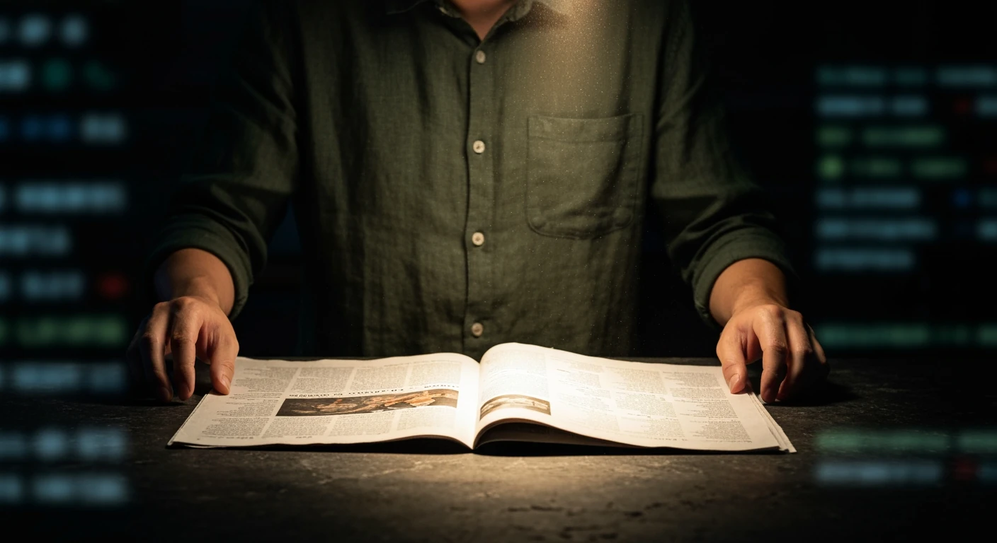Person in a dark green shirt intently reading a physical newspaper on a slate counter, dramatically lit, symbolizing critical news literacy amidst digital distractions.