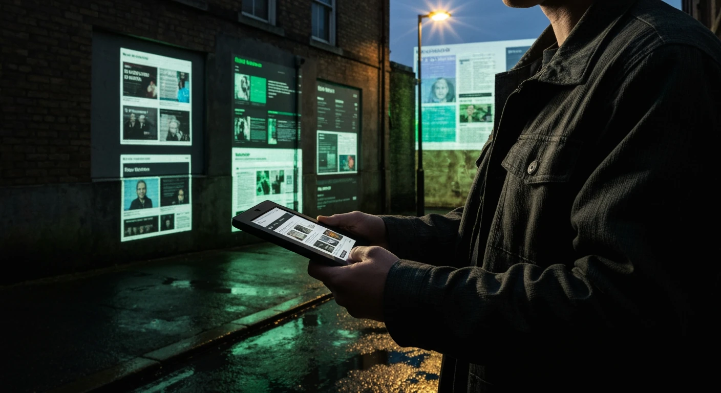 A person in a dark jacket holds an e-reader in a dimly lit alley, illuminated by projected news headlines, showing focused news consumption amidst information overload.