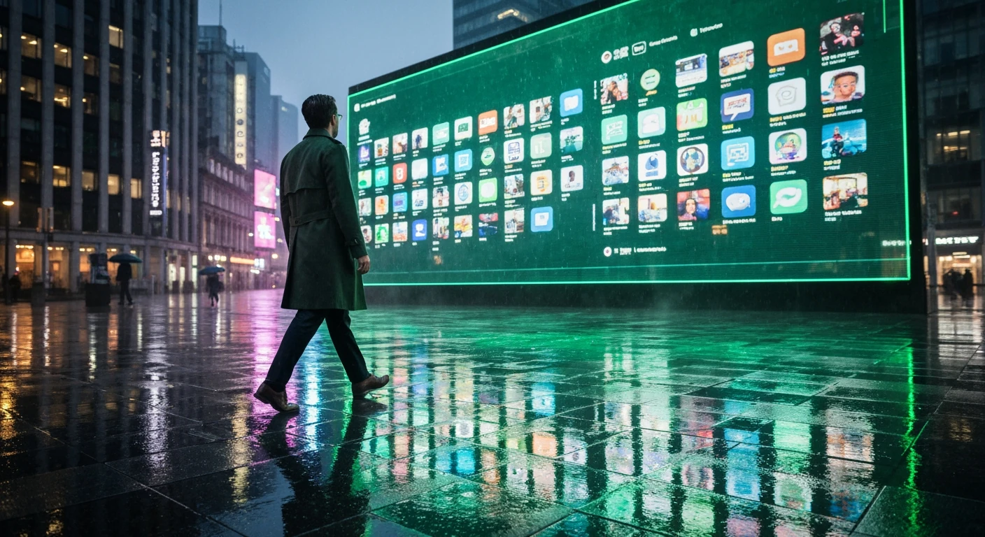 A person in a dark green trench coat walks through a rain-slicked city square at dusk, looking towards a large green-tinted digital billboard displaying news app interfaces and headlines, reflecting on the wet pavement.