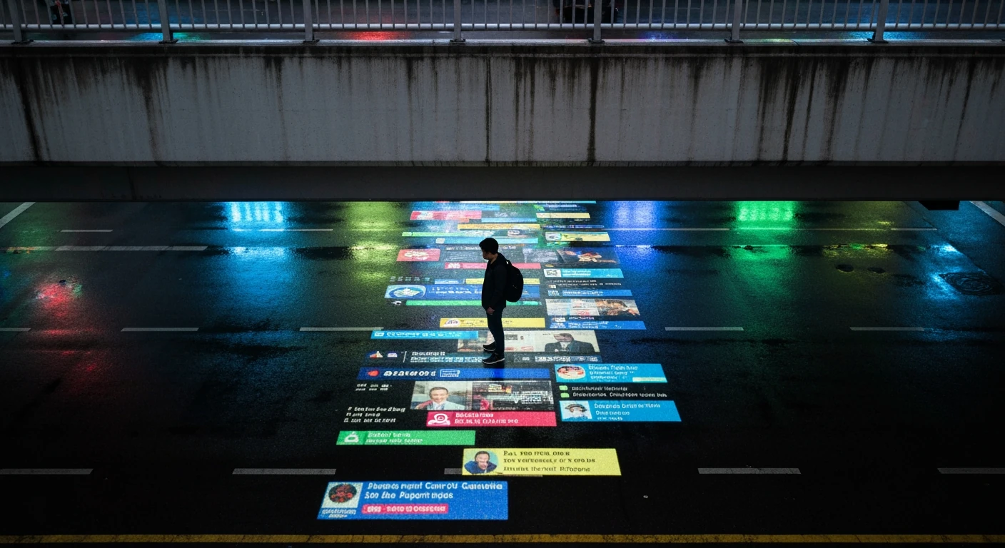 A person viewed from above on a city overpass, surrounded by glowing digital news headlines projected onto wet asphalt at dusk, symbolizing the overwhelming nature of online information consumption.