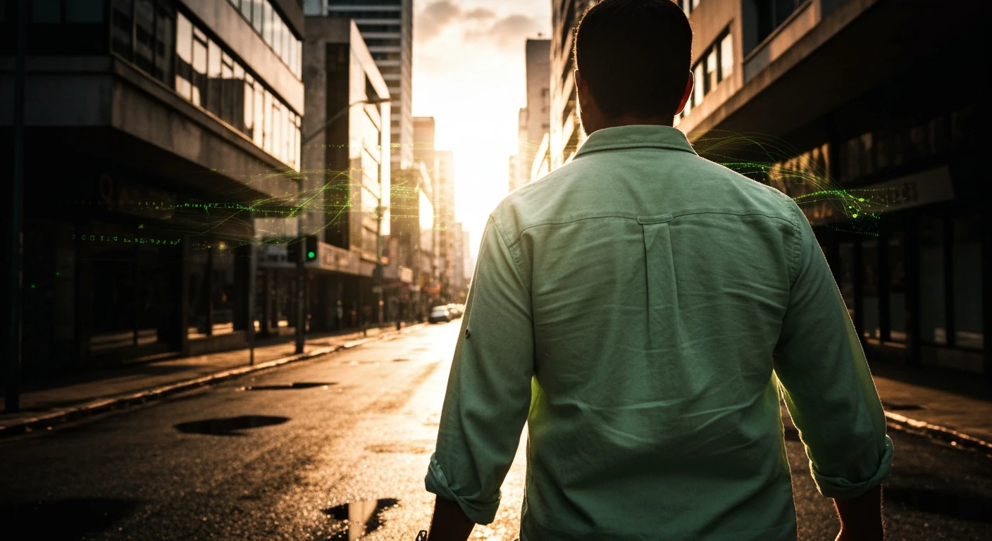 A person navigating a bustling, sun-drenched Brazilian city street, with subtle digital data streams overlaid on buildings and pavement, symbolizing the country's booming tech economy.