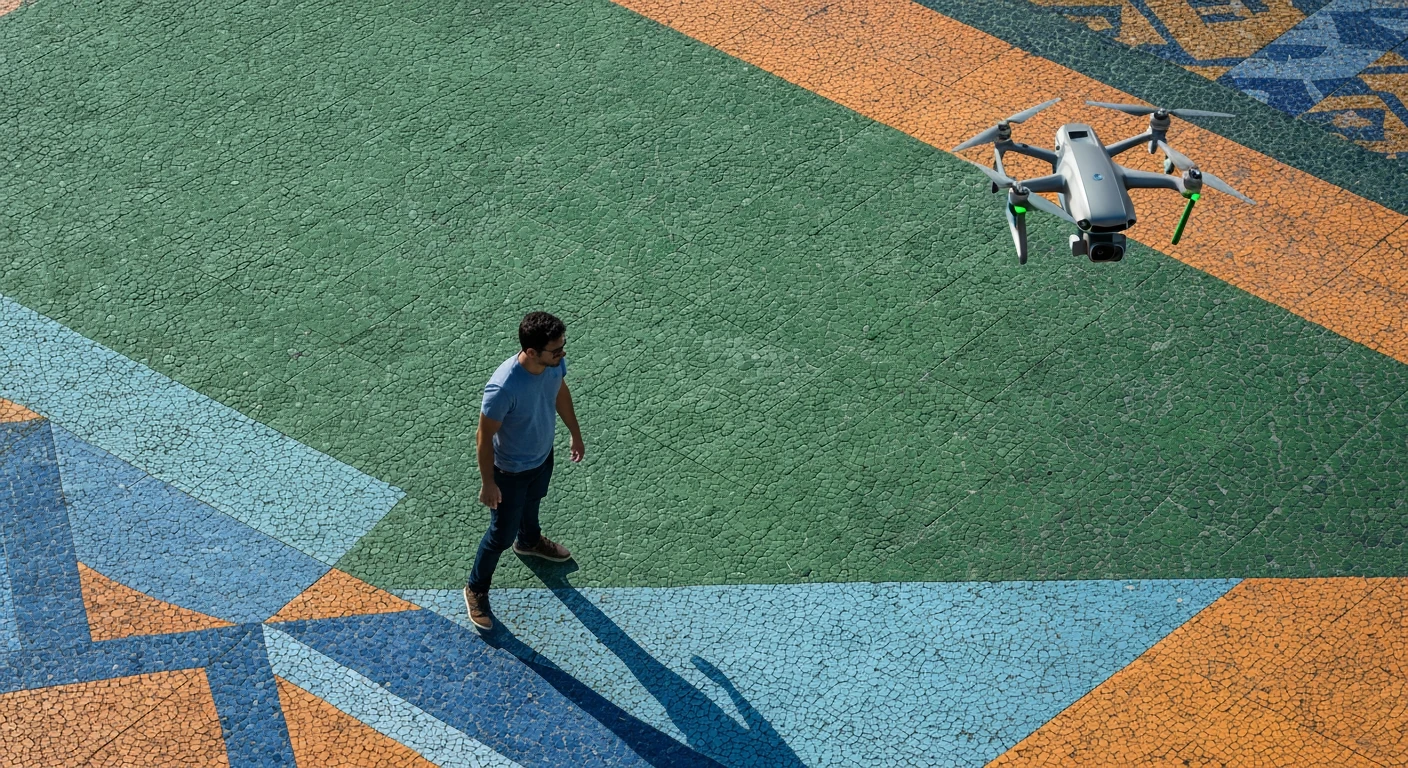 High-angle view of a person walking on a mosaic pavement in a vibrant Brazilian city, symbolizing the nation's evolving identity beyond stereotypes, with a drone in the background.