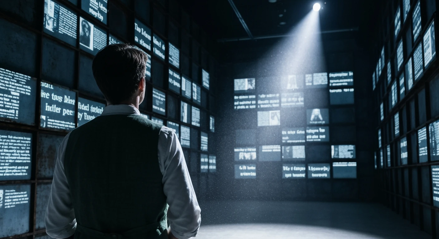 A person, from behind, stands before a wall of fragmented news headlines, illuminated by a single, dramatic spotlight, conveying the challenge of news consumption in a fast-paced world.