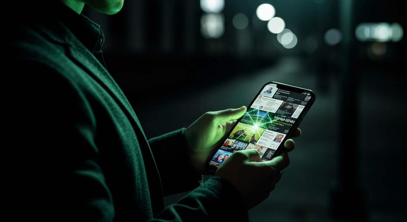 A person viewing an overwhelming, chaotic stream of digital news headlines on a smartphone, illuminated by a vibrant green neon glow, highlighting information overload and the challenge of news comprehension.