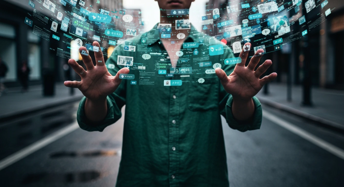 A person navigating a chaotic holographic stream of digital news and data, symbolizing information overload from modern news consumption.