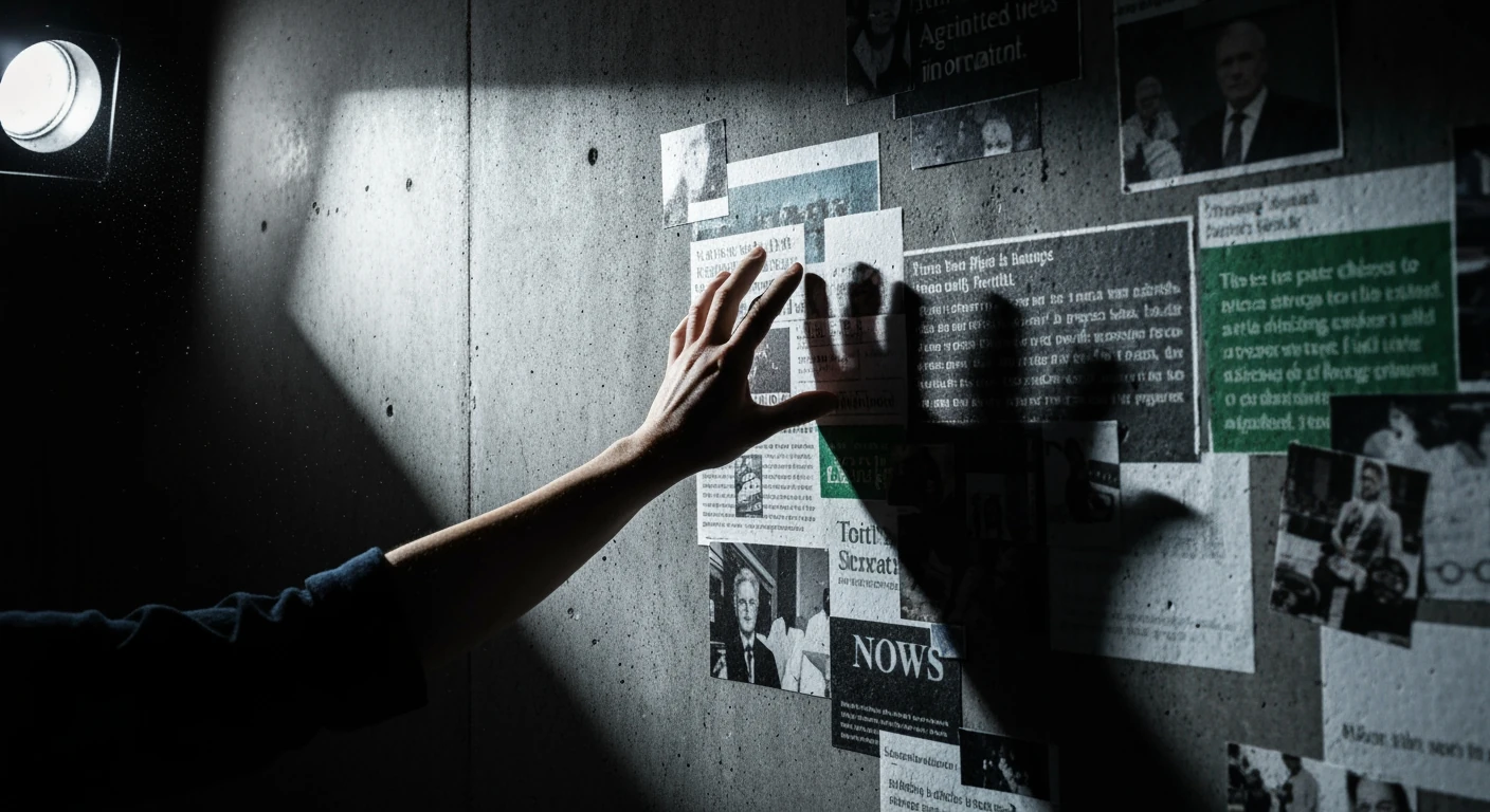 A person's hand reaching towards a fragmented projection of news headlines on a concrete wall, illustrating hidden media bias in the digital age.