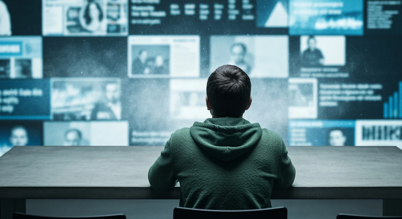 Person from behind, looking at a fragmented digital news display with blurred headlines and data streams, emphasizing information overload and the challenge of deep understanding in modern news consumption.