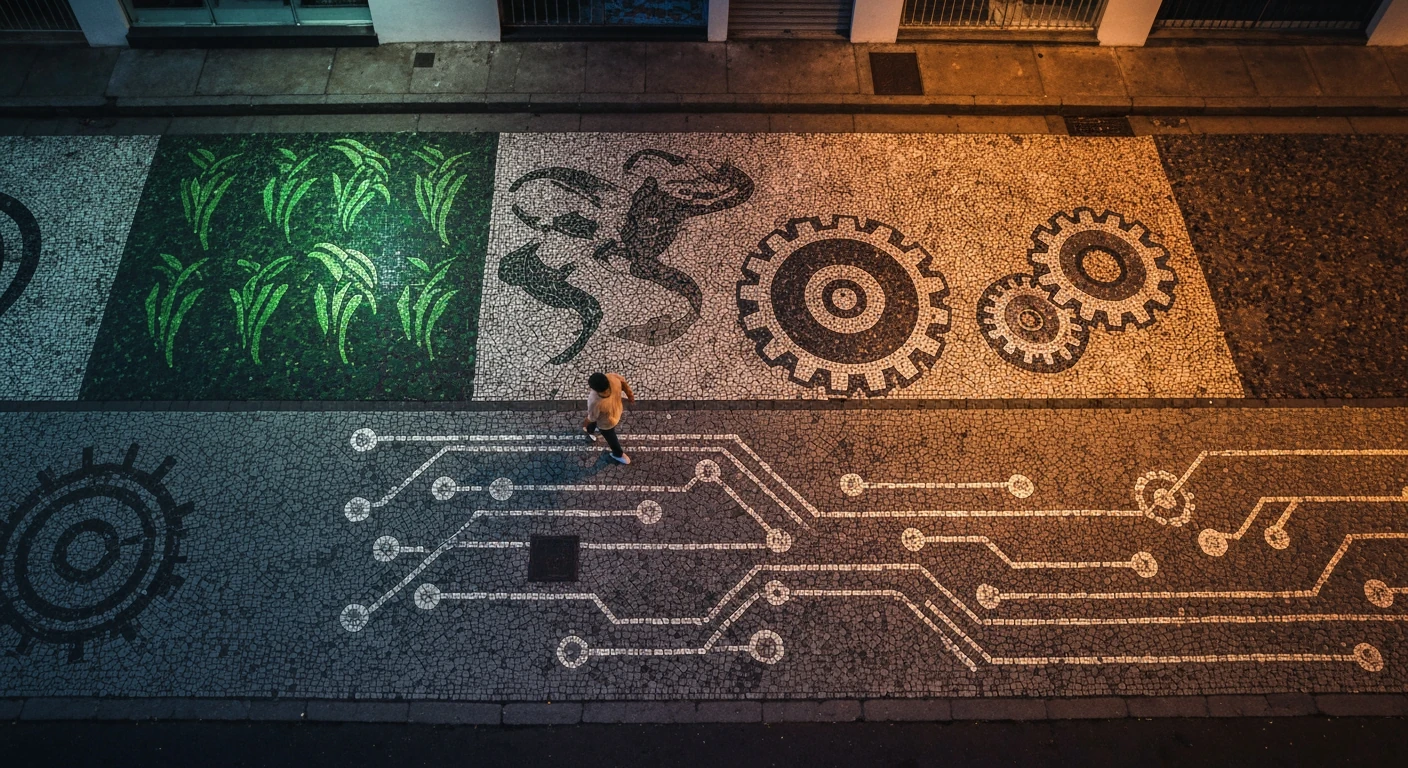 An aerial view of a person walking on a mosaic depicting Brazil's economic sectors, highlighting services, agriculture, and industry, at twilight, in a Brazilian city.