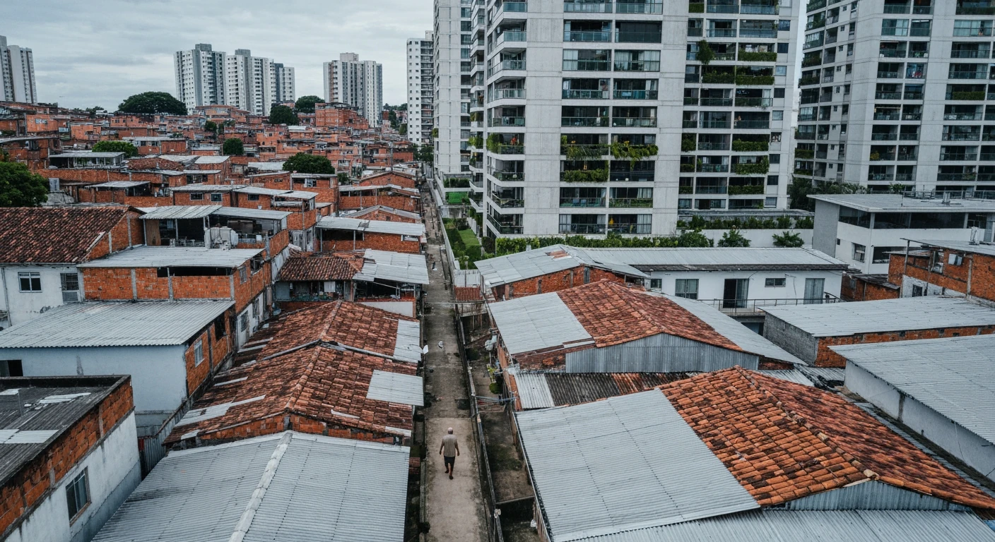 Aerial view of a Brazilian urban landscape, showing a dense favela with corrugated metal roofs alongside modern high-rise buildings, under an overcast sky, representing demographic shifts and urbanization.