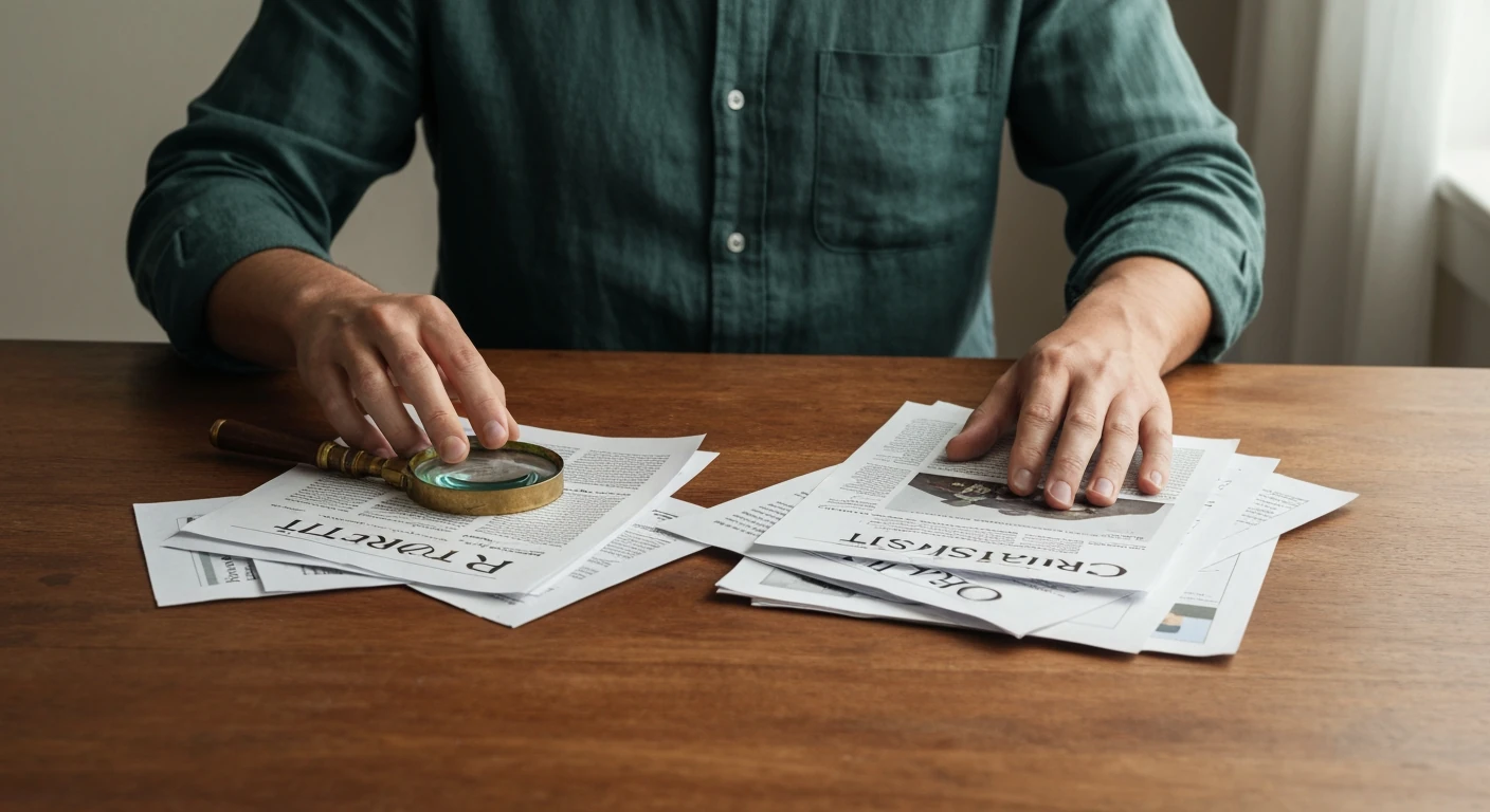 A person with hands sorting physical news clippings into relevant and discarded piles on a wooden table, symbolizing personalized news curation and filtering information overload.