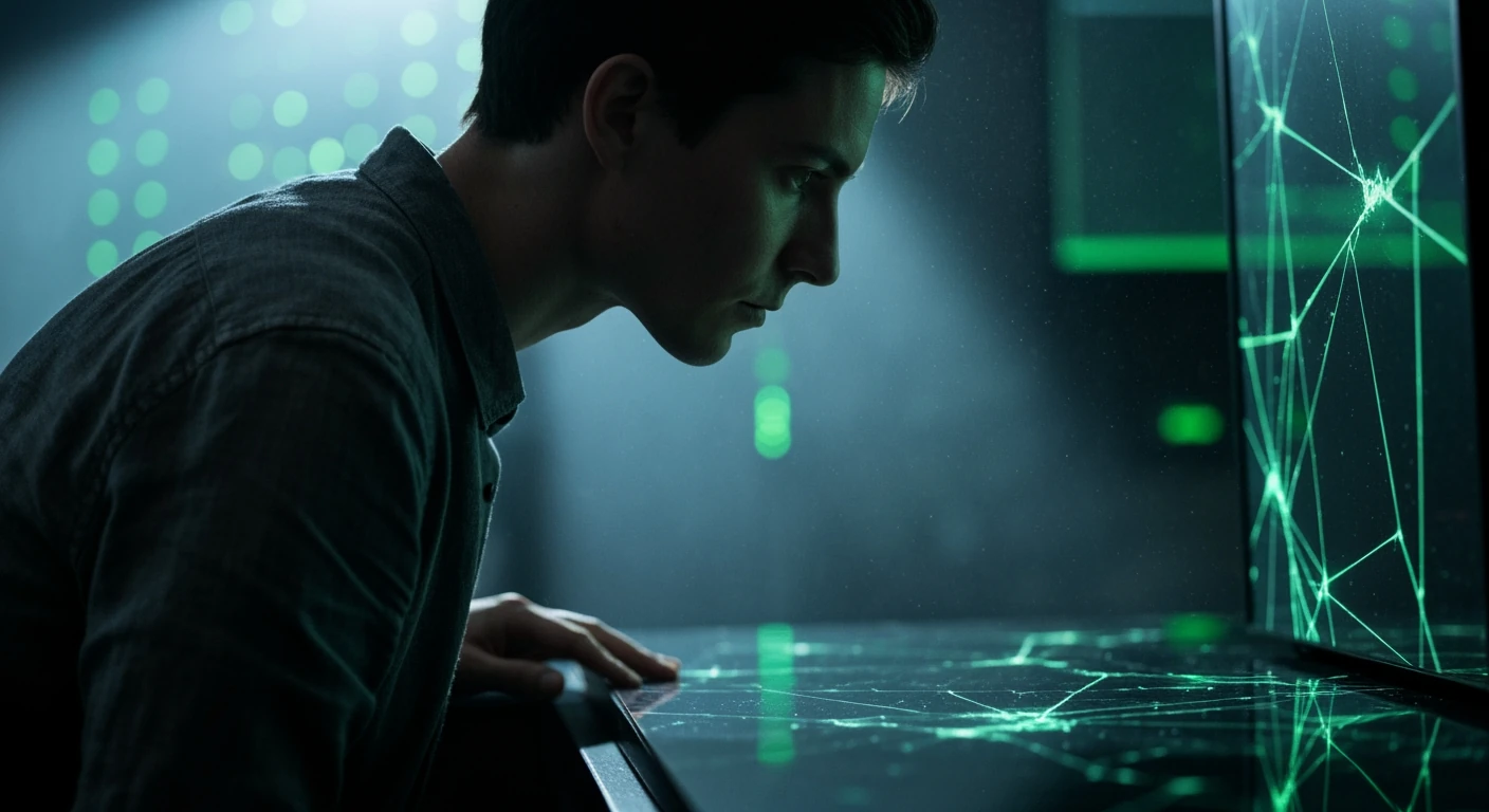 An anonymous person, seen from over the shoulder, intently viewing a fractured digital reflection with glowing green data lines, symbolizing the psychological struggle against tech misinformation and confirmation bias in the digital age.