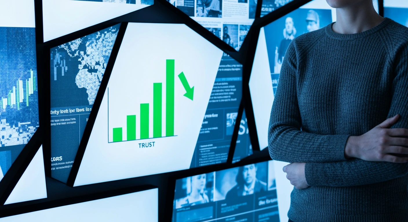 A person stands before fragmented digital screens displaying chaotic news headlines and a declining trust graph, symbolizing the erosion of public trust due to misinformation in news portals.