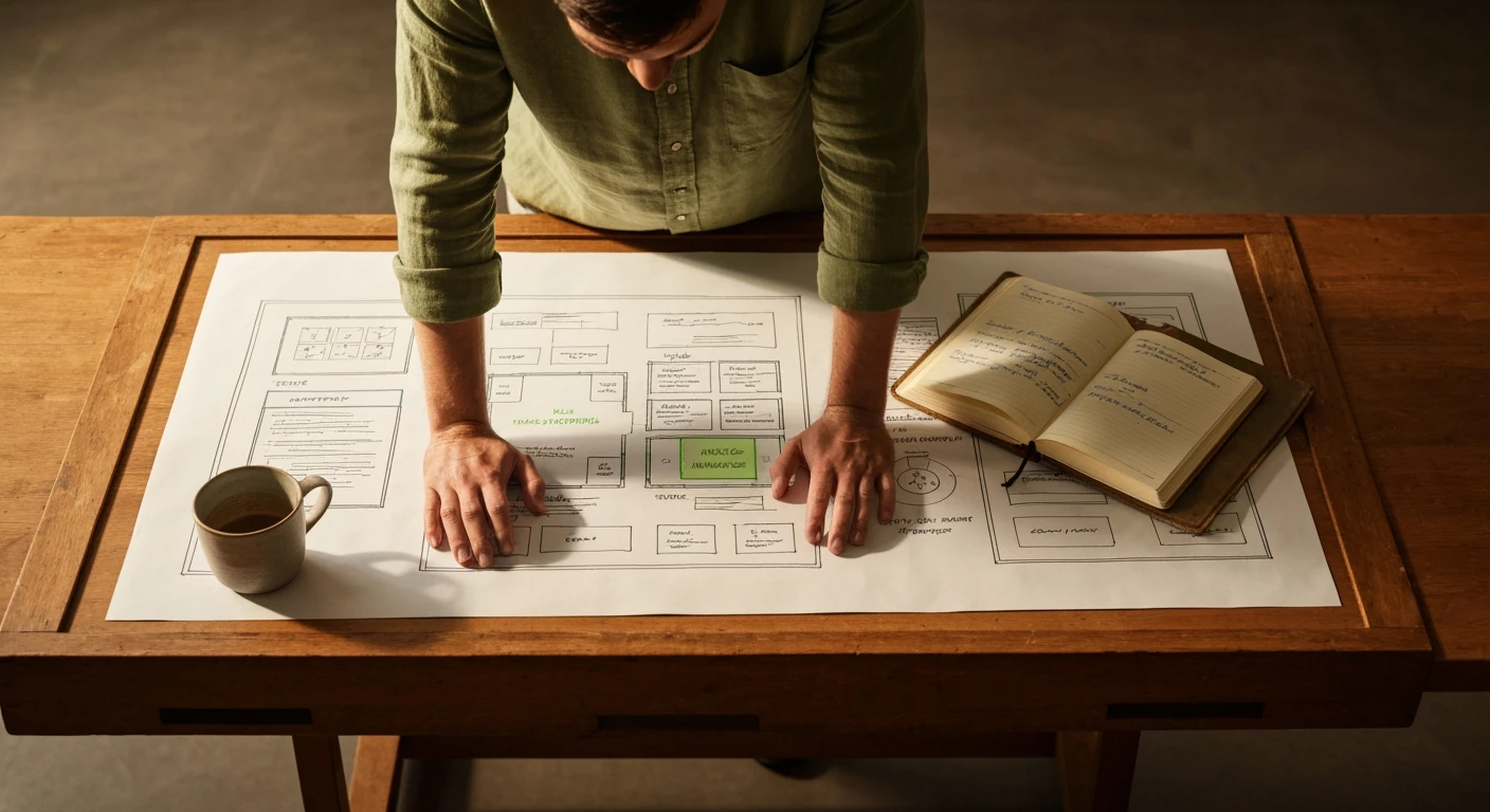 An overhead view of a person reviewing news portal blueprints and niche strategy notes on a wooden drafting table, emphasizing strategic planning.