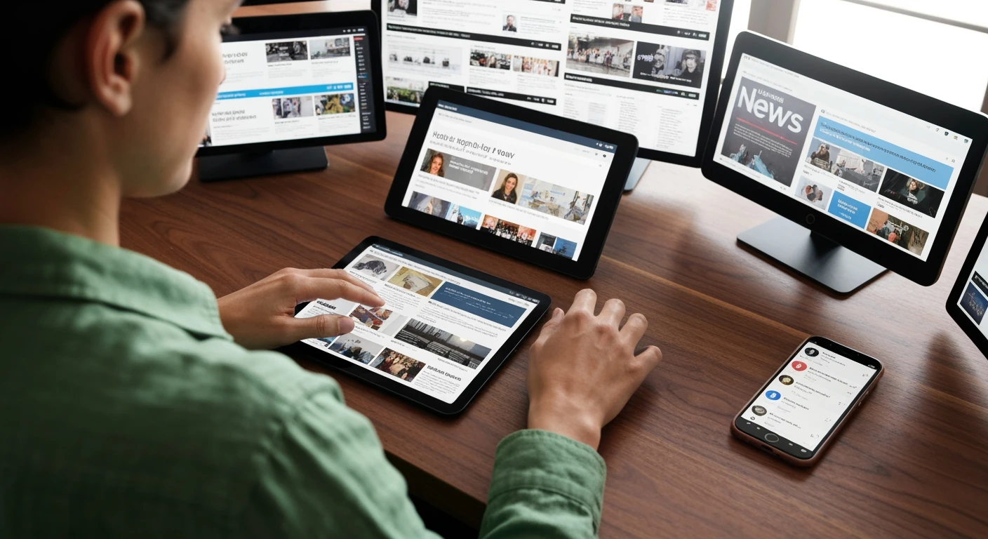 A person engaging with multiple digital screens, including a tablet and smartphone, displaying various news feeds and headlines, symbolizing information overload and news consumption.