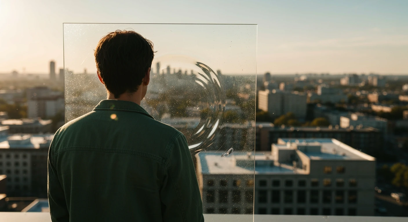 A person viewed from behind, through a large, imperfect glass pane that distorts a city, symbolizing how news bias warps perception of current events.