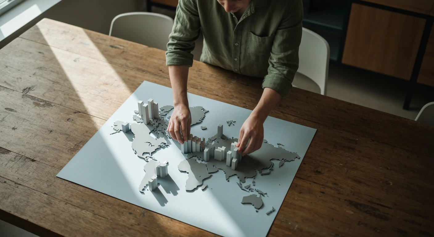 An overhead view of a person arranging a 3D geopolitical map on a distressed wooden table, symbolizing shifting global power dynamics and new alliances.