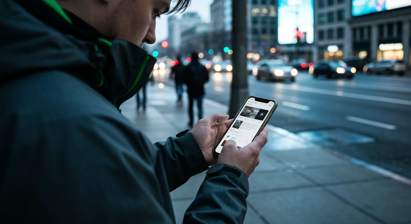 A person on a city sidewalk, seen from behind, engrossed in a smartphone displaying various news formats, under mixed urban lighting.