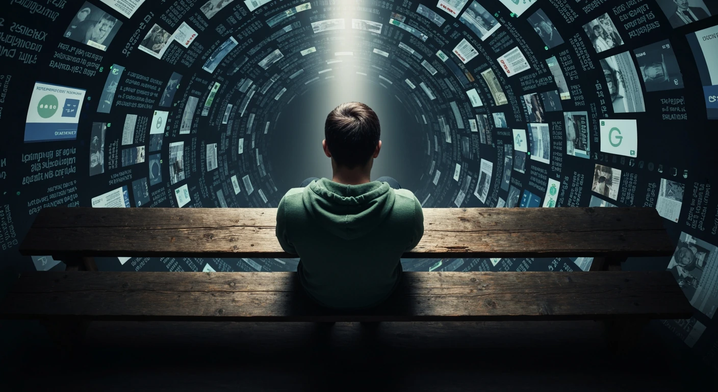 A person in a dark green hooded sweatshirt, seen from above, sitting on a wooden bench, enveloped by a swirling, fragmented digital stream of news, dramatically lit by a single, high beam in a melancholic tone.