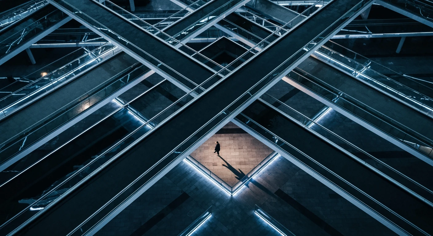 Aerial view of a complex urban plaza at dusk, showing intersecting geometric pedestrian bridges and walkways made of concrete and reflective glass, with a single person walking through the intricate network, illuminated by cool blue LED lights.