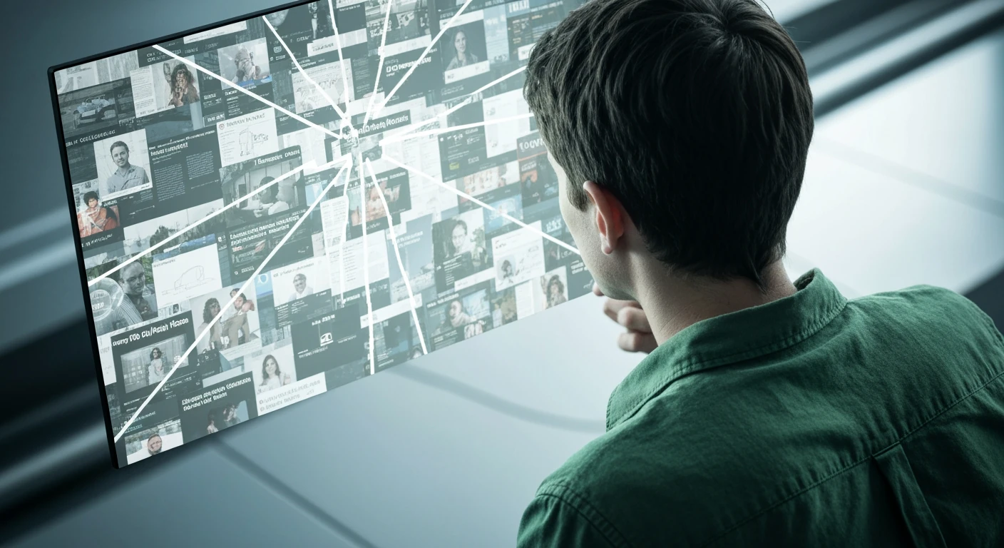 A person, seen from a high angle, looking at a fragmented digital screen displaying multiple news headlines, symbolizing information overload and the challenge of navigating fake news.