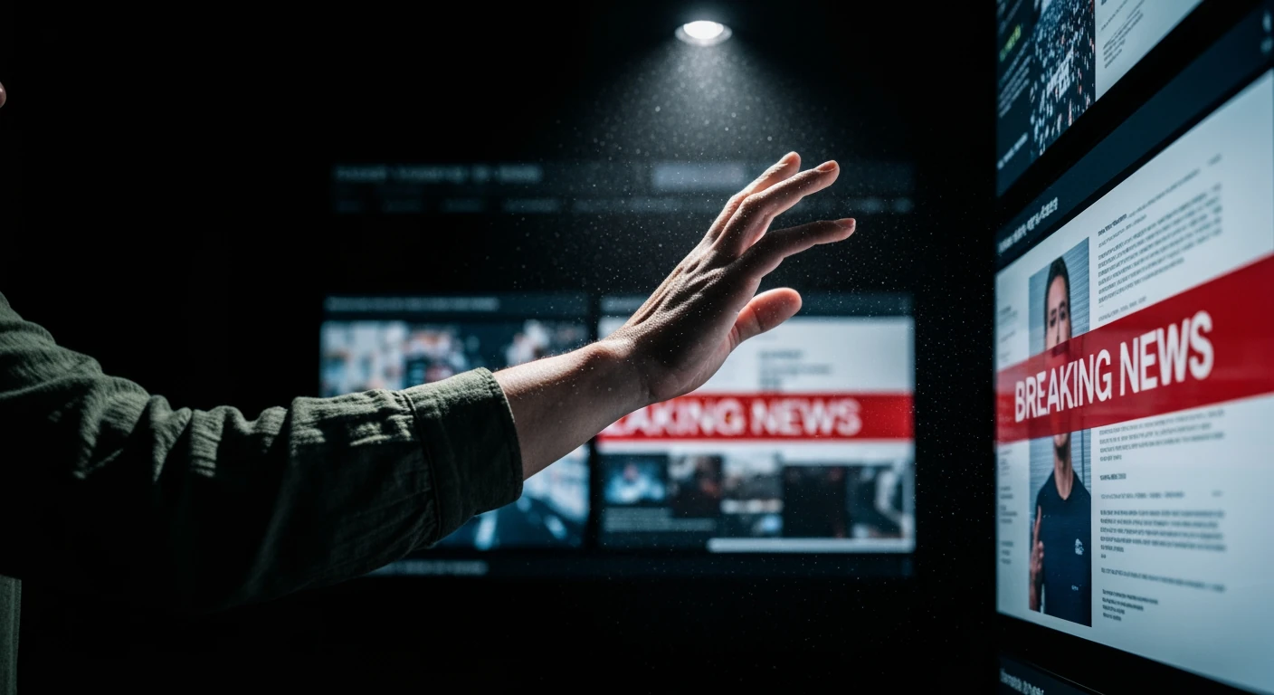 A person's hand reaching towards a fragmented digital display showing a 'Breaking News' banner, with urgent text and chaotic imagery, contrasted by deep shadows and dramatic lighting.
