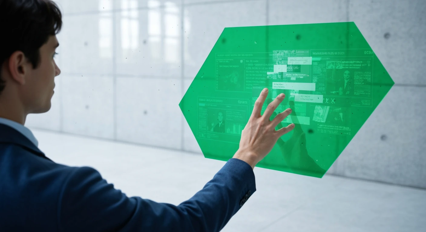 A person filtering news on a large, translucent green screen, demonstrating efficient information consumption and avoiding overload, with neutral gray concrete background.