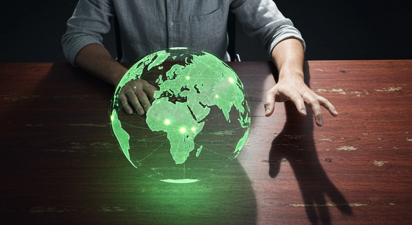 An overhead view of a person touching a glowing holographic globe, illustrating global trade routes and interconnected international affairs.