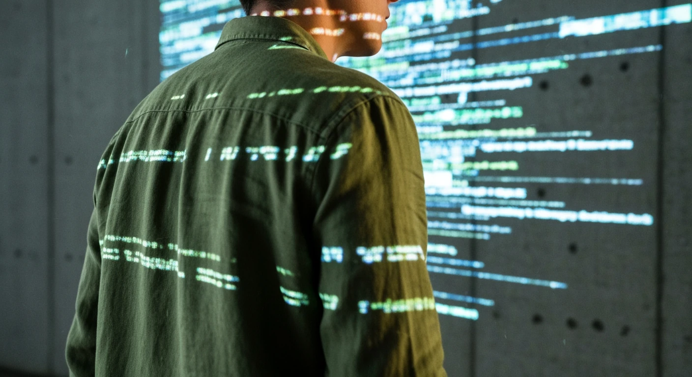 A person in an olive green shirt navigating a fragmented digital news feed on a concrete wall, illustrating modern news consumption challenges.