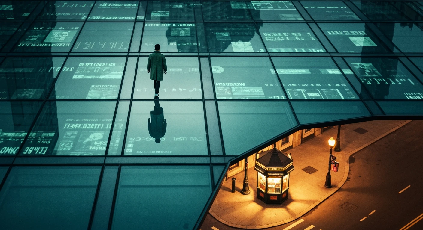 An aerial view of a person on a modern rooftop reflecting digital news, contrasting with a vintage newspaper stand below, depicting the evolution of news portal business models and changing revenue streams.