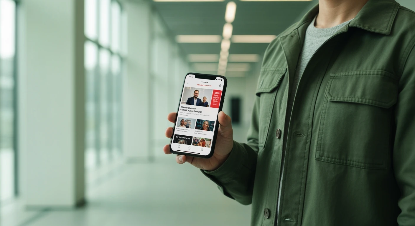 A person in a green jacket engages with digital news on a smartphone, displaying a modern news portal with headlines and multimedia content, set against a vibrant green-lit architectural background.