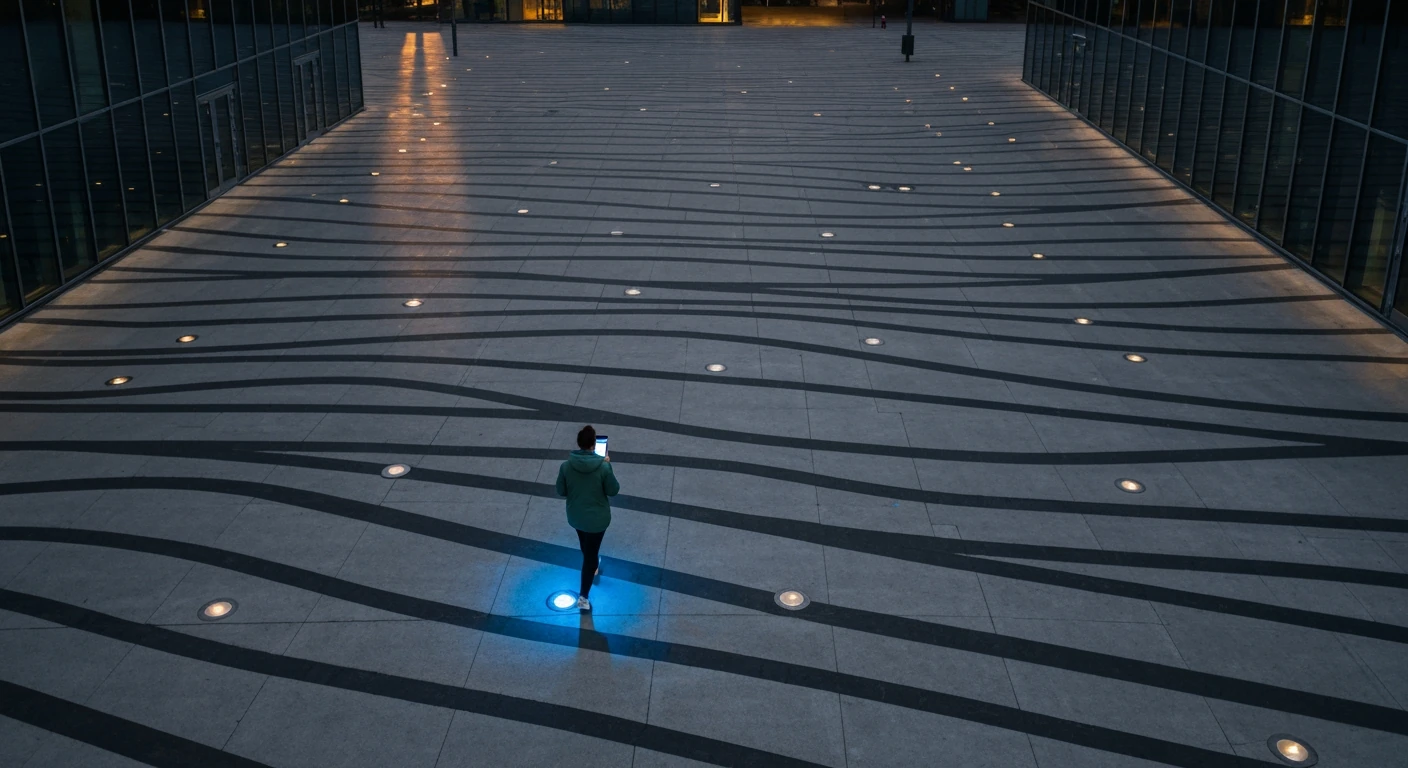Aerial view of a person in a green jacket walking through a geometrically patterned urban plaza at dusk, engrossed in a personalized news feed on a smartphone, reflecting the shift to mobile news consumption.