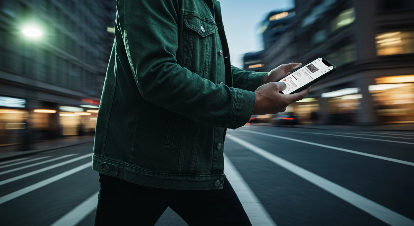 Person in a dark green denim jacket striding through a blurred city street at dusk, checking news on a smartphone with dramatic chiaroscuro lighting, emphasizing on-the-go news consumption.