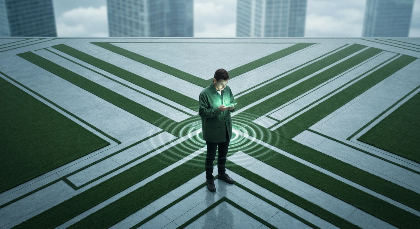 A person viewing a glowing smartphone screen at a geometric pathway intersection, symbolizing information overload and the need for critical filtering in news consumption.