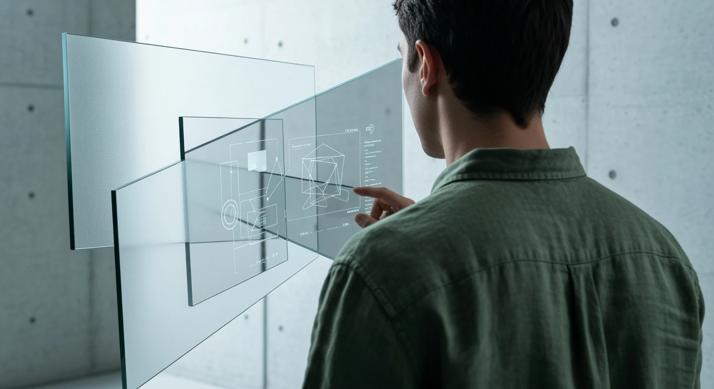 A person from behind, wearing a dark olive green linen shirt, viewing fragmented, geometric digital news displays, representing the challenge of finding unbiased news in a complex information landscape.