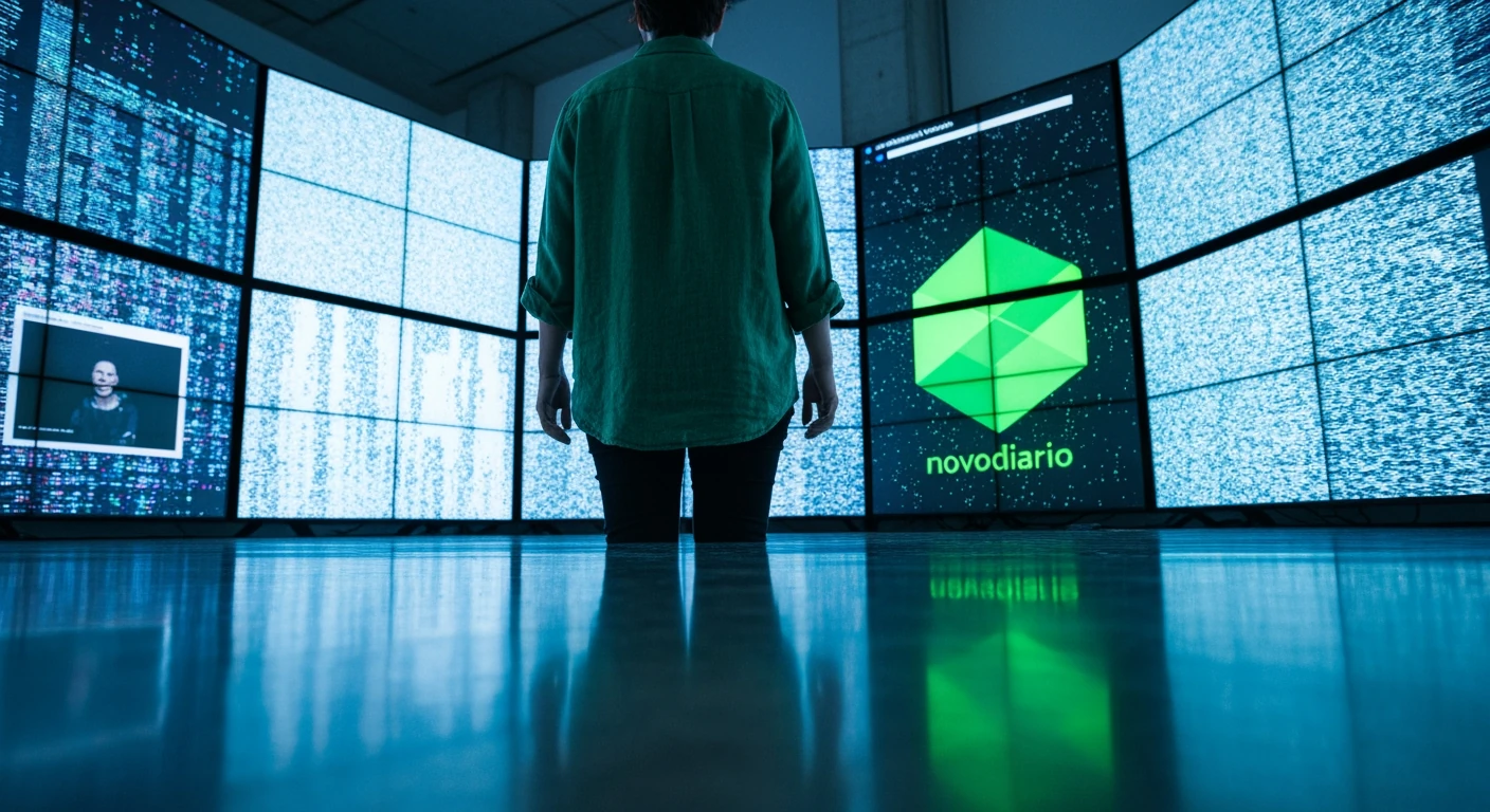 A person viewing fragmented digital news screens, illustrating the shift to digital consumption and information overload.