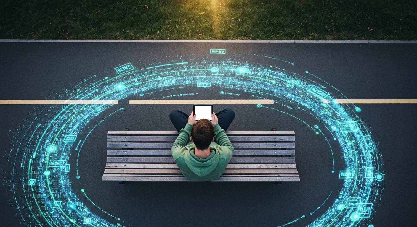 Aerial view of a person in a green hoodie on a park bench, immersed in a tablet, with pathways transforming into glowing blue and green digital news streams, symbolizing information navigation.