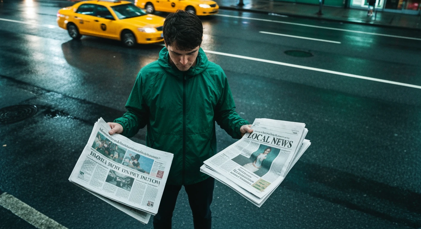 High-angle drone shot of a person on a wet city street, holding global and local newspapers, surrounded by blurred urban movement in cool tones.