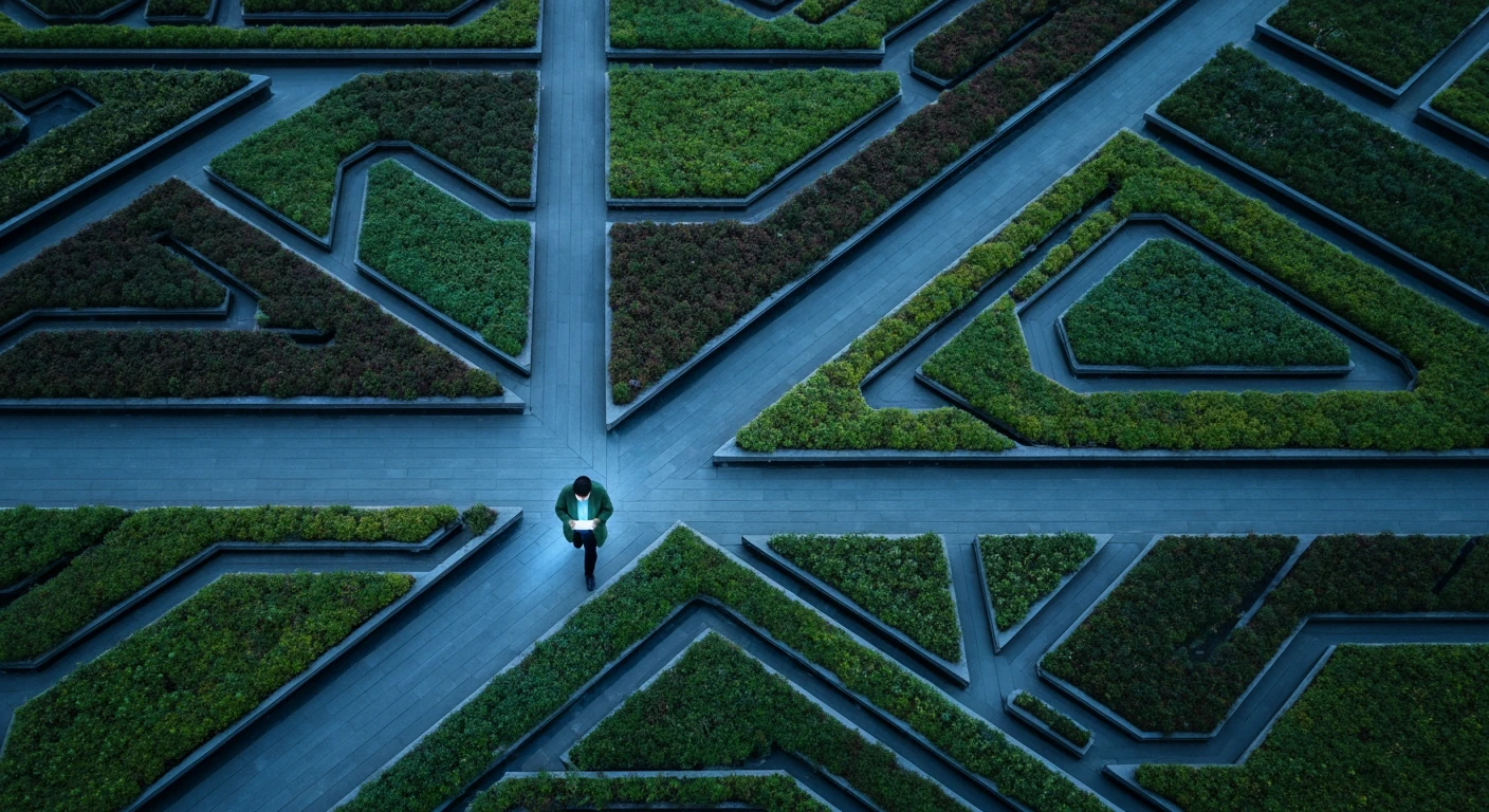 Aerial view of a person in a green jacket walking through a geometric rooftop garden, looking at a tablet, symbolizing digital news discovery and content strategy.