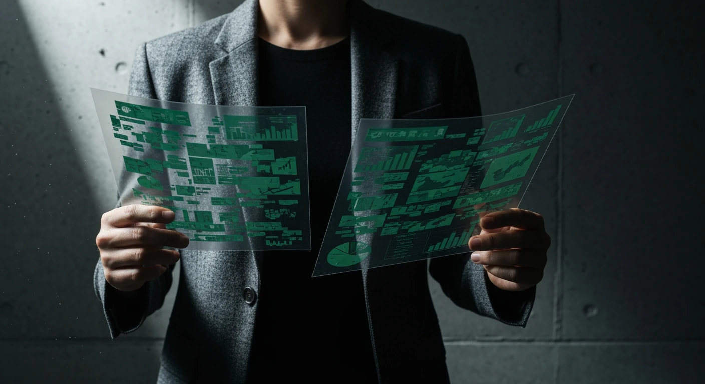 A person, mid-body, holding transparent sheets with overlapping news headlines, illuminated by a single, dramatic beam of light, symbolizing expert analysis navigating information overload.