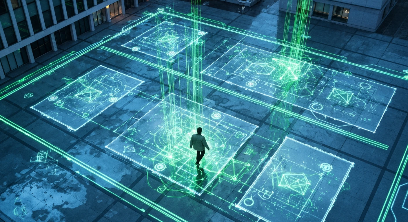 Aerial view of a person walking on a glowing green data grid in a city plaza, illustrating news ranking algorithms and digital information flow.